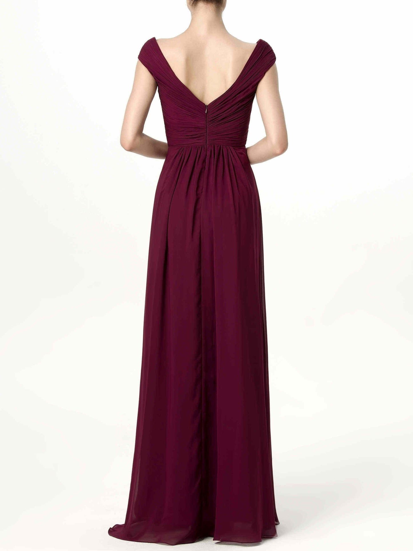 Chiffon Column V-Neck Cap Sleeves Bridesmaid Dress-F0113198