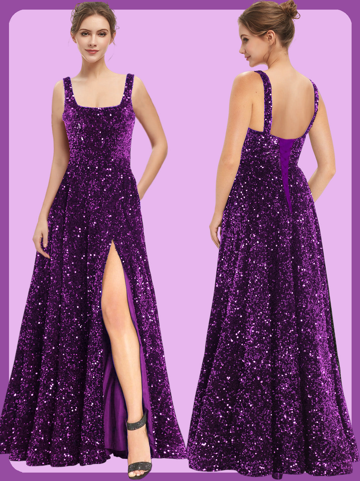 Women's Long Dress Sequin Bateau/Boat Back Strap Slit Fashion Long Sleeveless Party Dress GD101932
