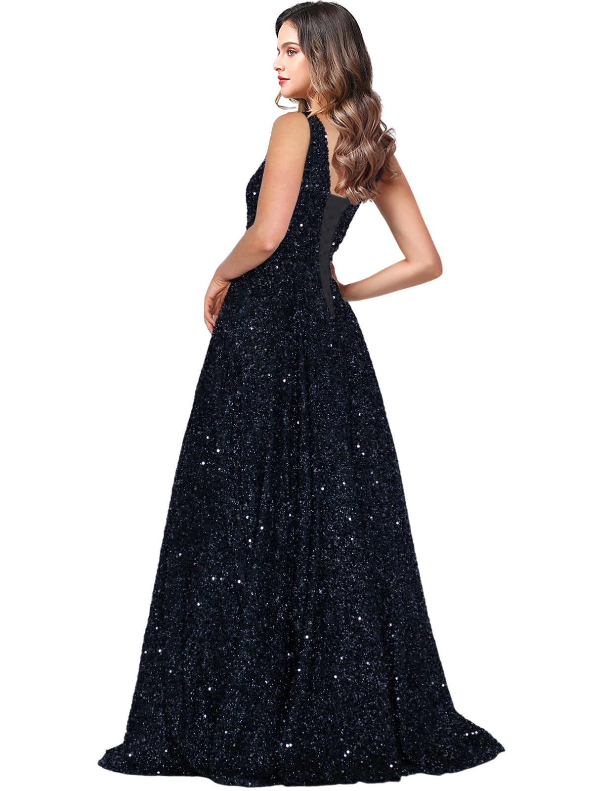 2025 Long Dress Sequin V-Neck Slit Fashion Sleeveless Pockets Party Dress GD101934