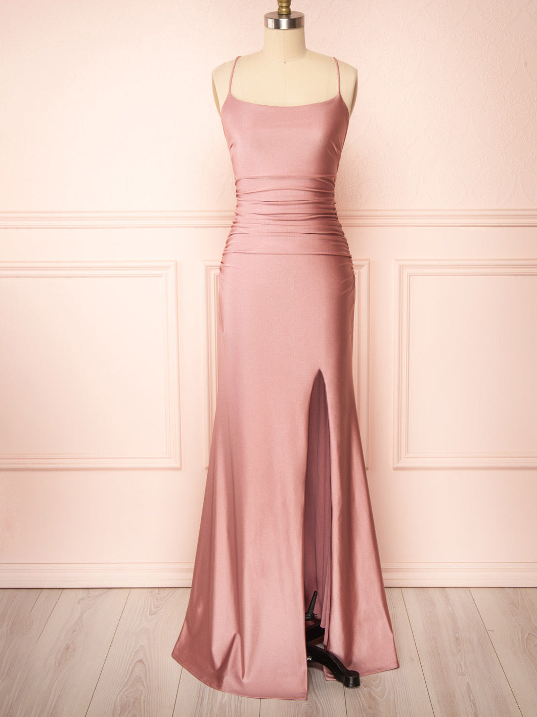 Stretch Satin Column Boat Neck Sleeveless Bridesmaid Dress-F0313025