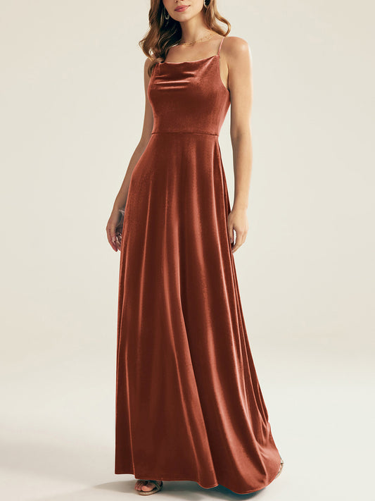 Velvet A-Line Cowl Neck Sleeveless Bridesmaid Dress-F0313021