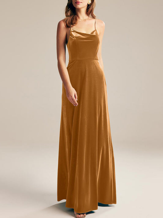 Velvet A-Line Cowl Neck Sleeveless Bridesmaid Dress-F0313022