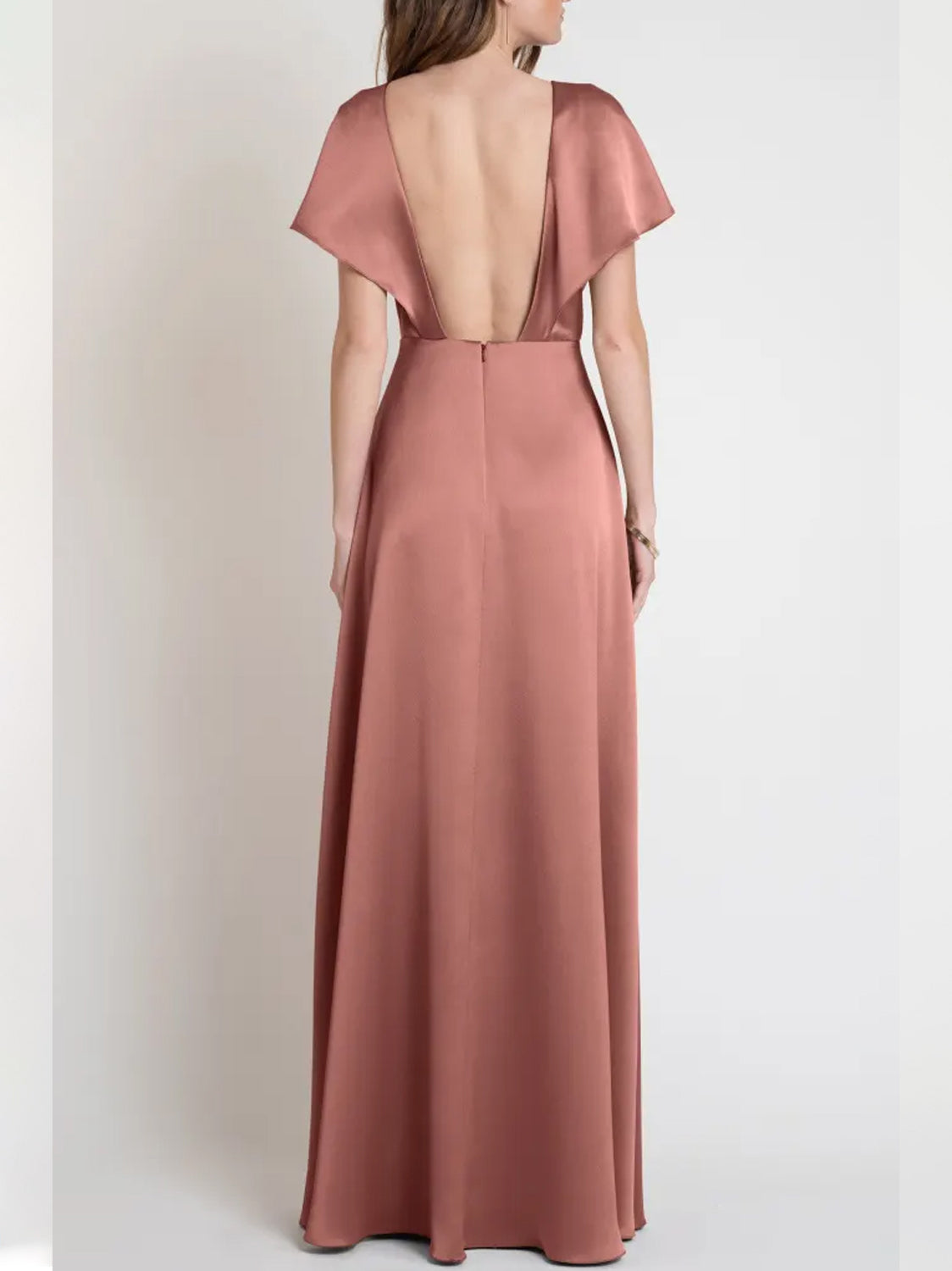 Stretch Satin A-Line V-Neck Half Sleeves Bridesmaid Dress-F0313004
