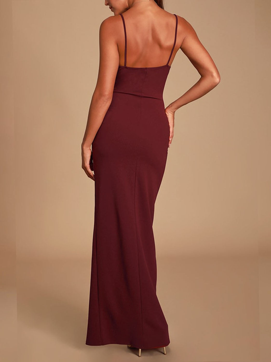 Stretch Satin Column V-Neck Sleeveless Bridesmaid Dress-F0313026