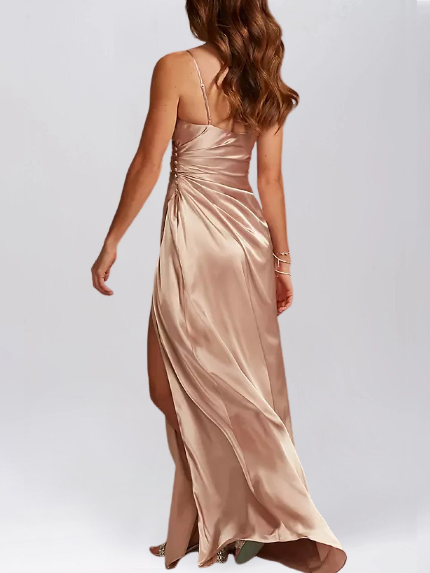 Stretch Satin Column V-Neck Sleeveless Bridesmaid Dress-F0313047