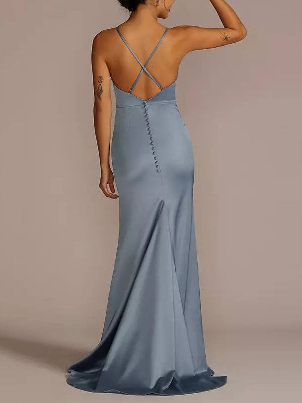 Stretch Satin Column V-Neck Sleeveless Bridesmaid Dress-F0313051