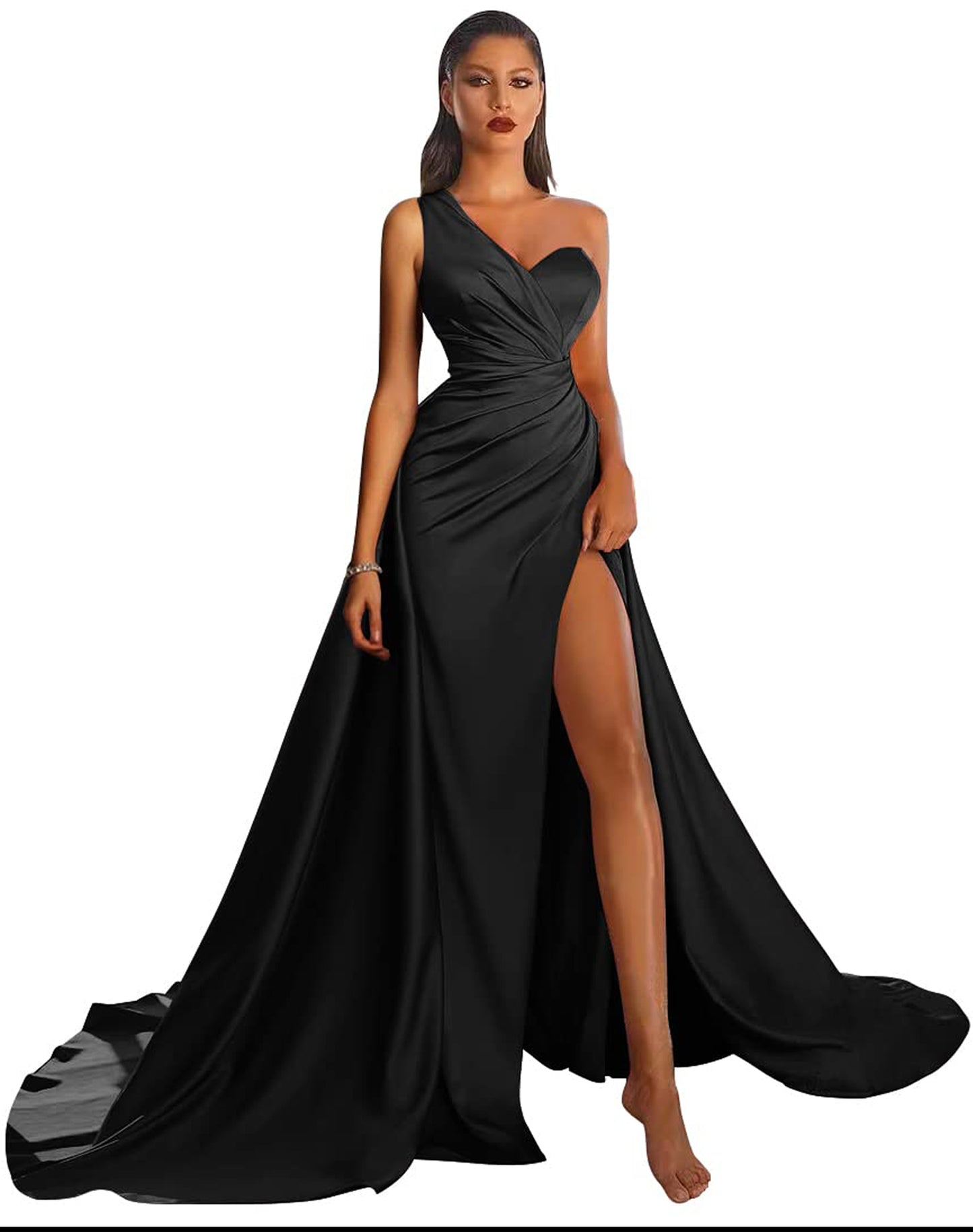 A Line Long Prom Dress One Shoulder Satin Slit Evening Ball Gown GD101506