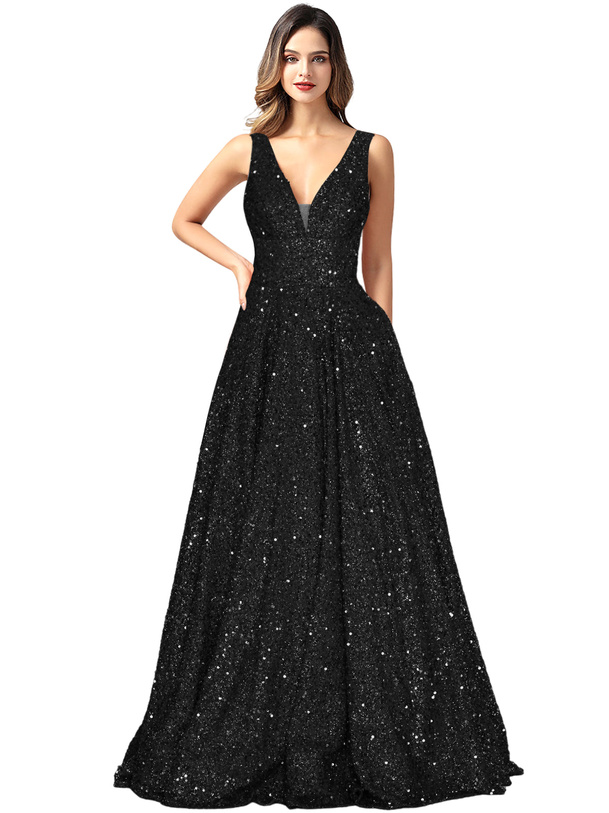 2025 Long Dress Sequin V-Neck Slit Fashion Sleeveless Pockets Party Dress GD101934