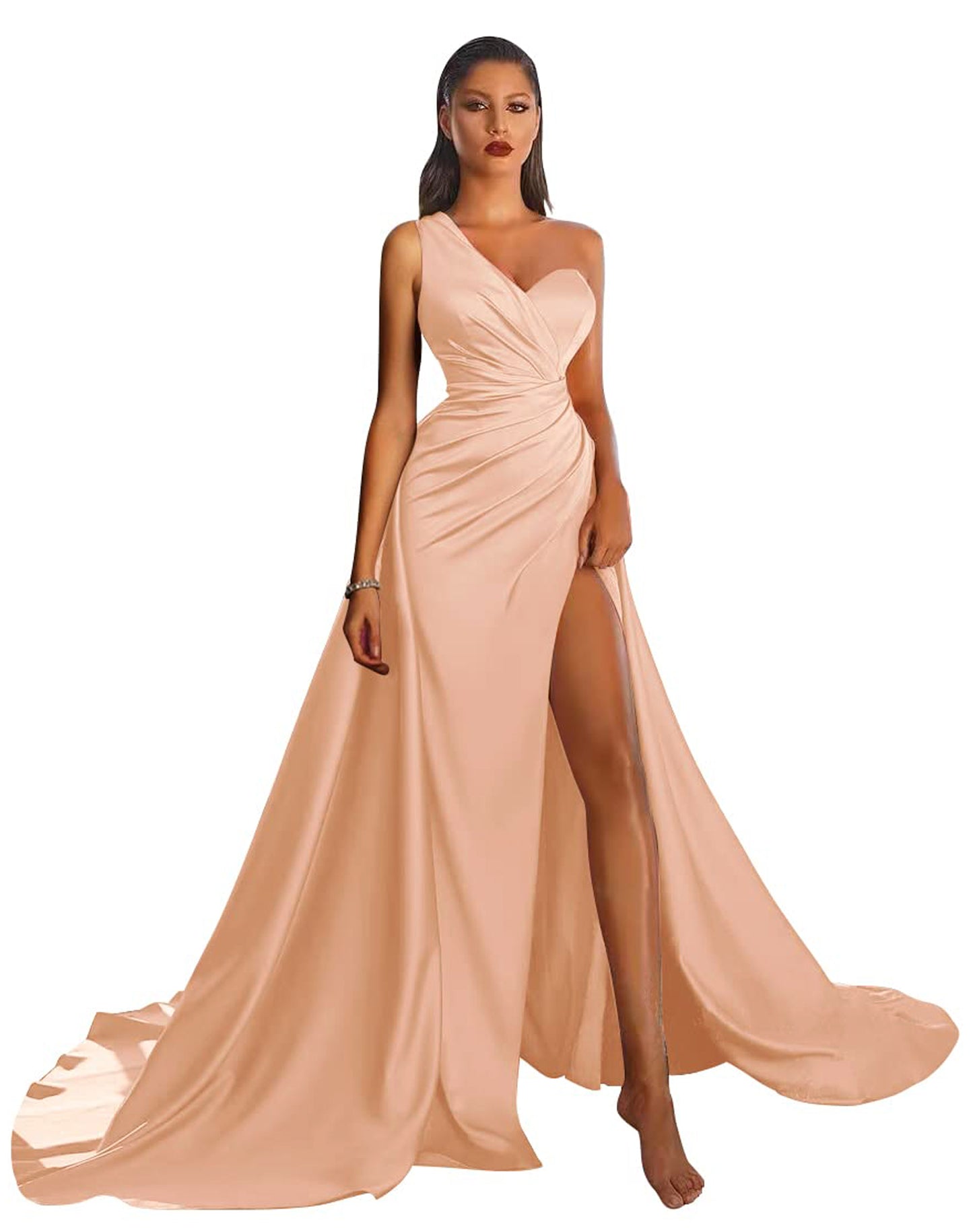 A Line Long Prom Dress One Shoulder Satin Slit Evening Ball Gown GD101506