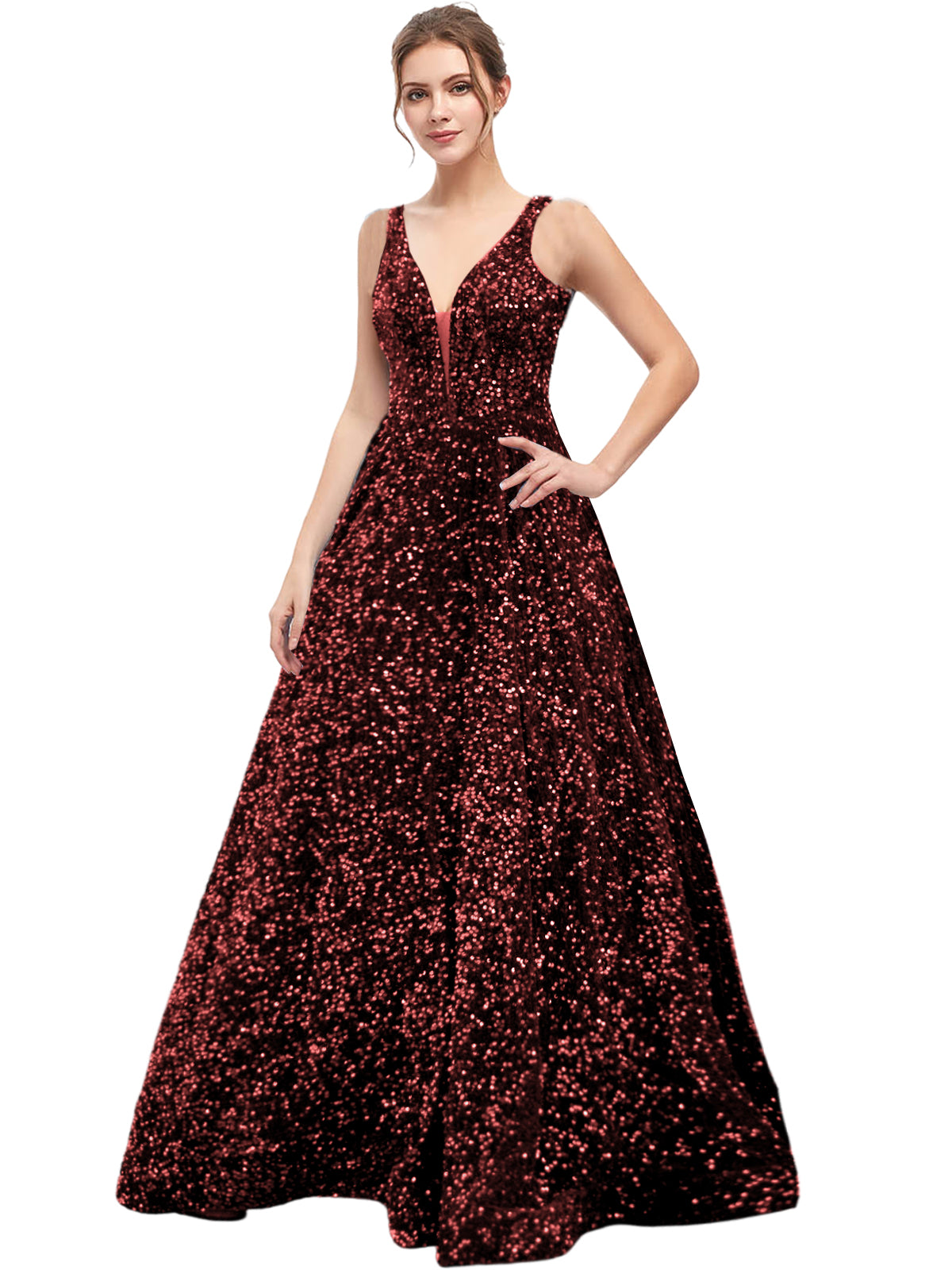Sequin Long Prom Dress V Neck A Line Evening Ball Gown with Pockets GD300006