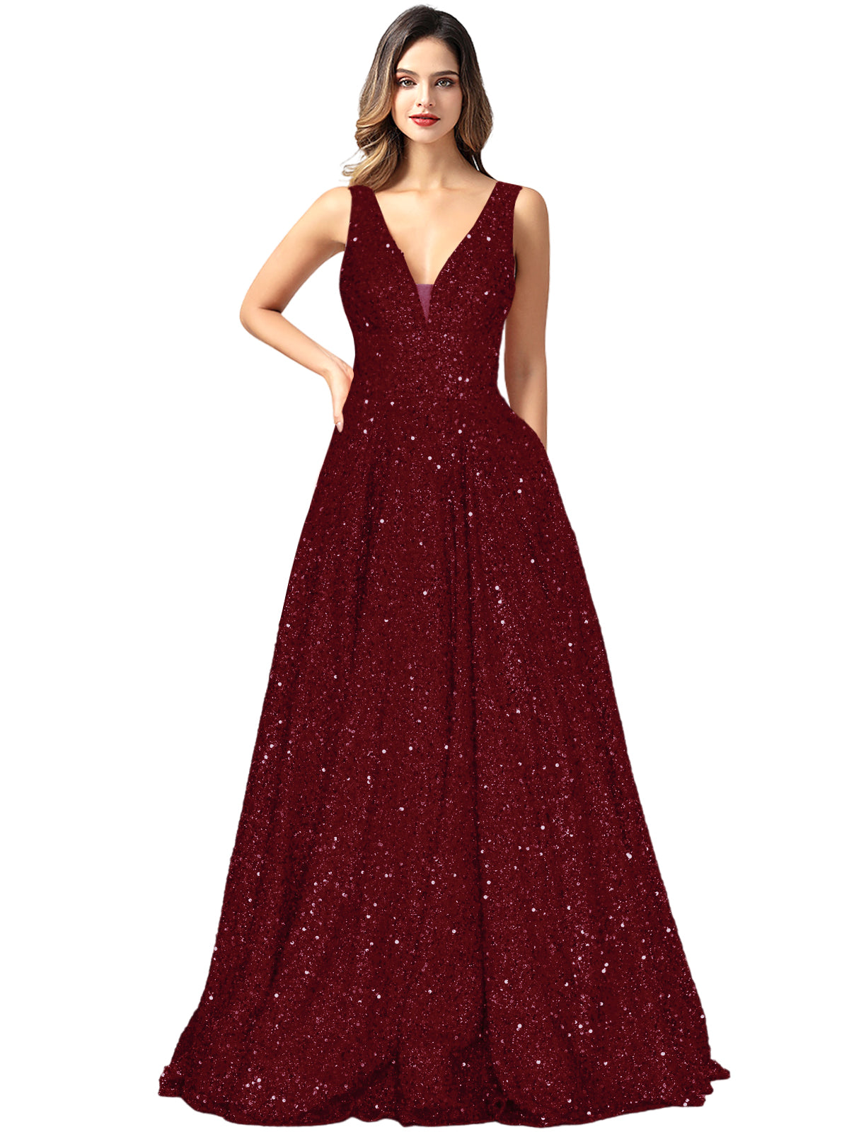 2025 Long Dress Sequin V-Neck Slit Fashion Sleeveless Pockets Party Dress GD101934