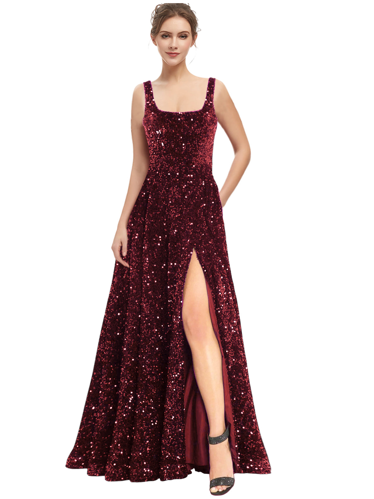 Women's Long Dress Sequin Bateau/Boat Back Strap Slit Fashion Long Sleeveless Party Dress GD101932