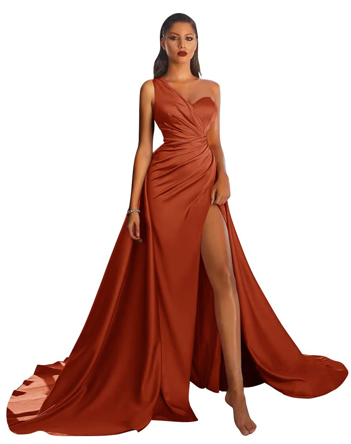 A Line Long Prom Dress One Shoulder Satin Slit Evening Ball Gown GD101506