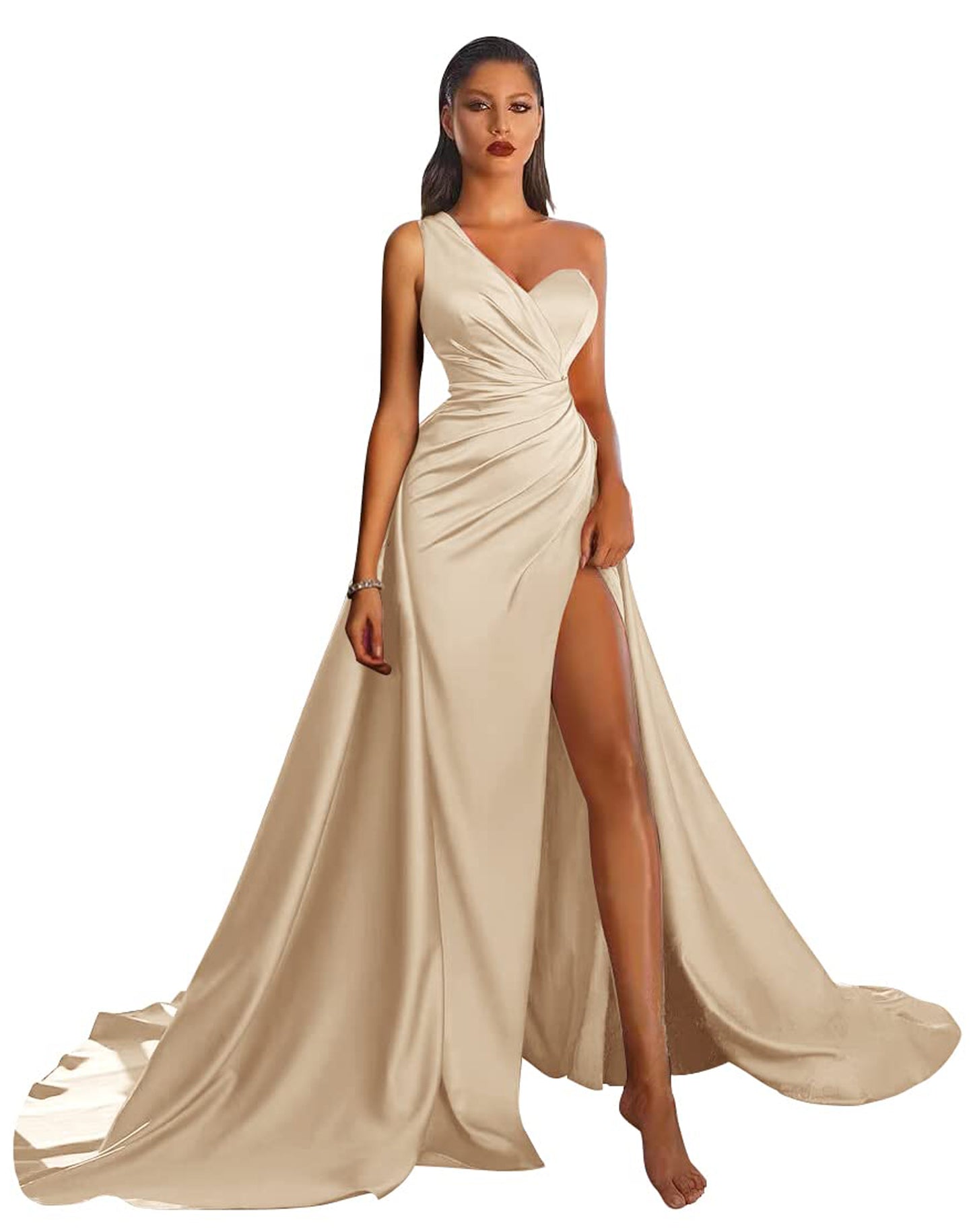A Line Long Prom Dress One Shoulder Satin Slit Evening Ball Gown GD101506