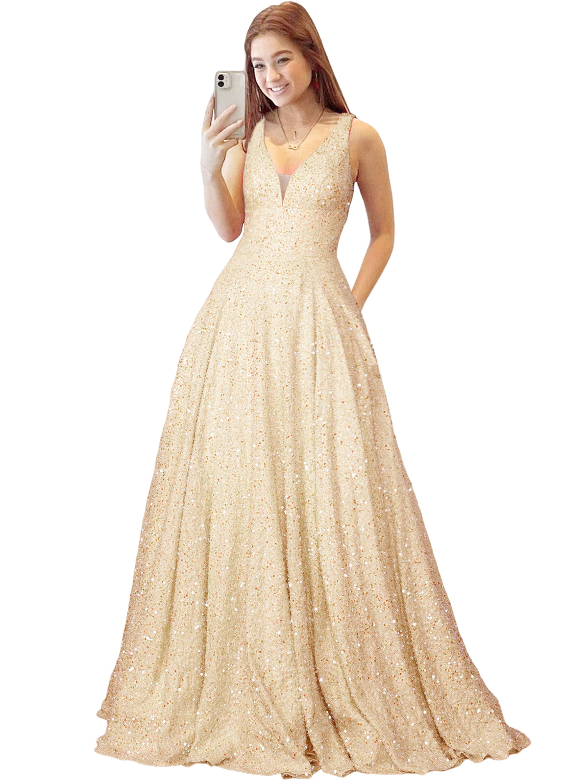2025 Long Dress Sequin V-Neck Slit Fashion Sleeveless Pockets Party Dress GD101934