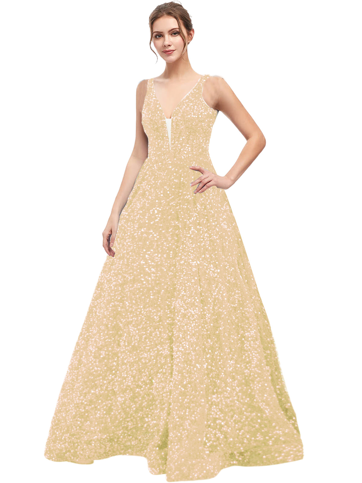 Sequin Long Prom Dress V Neck A Line Evening Ball Gown with Pockets GD300006