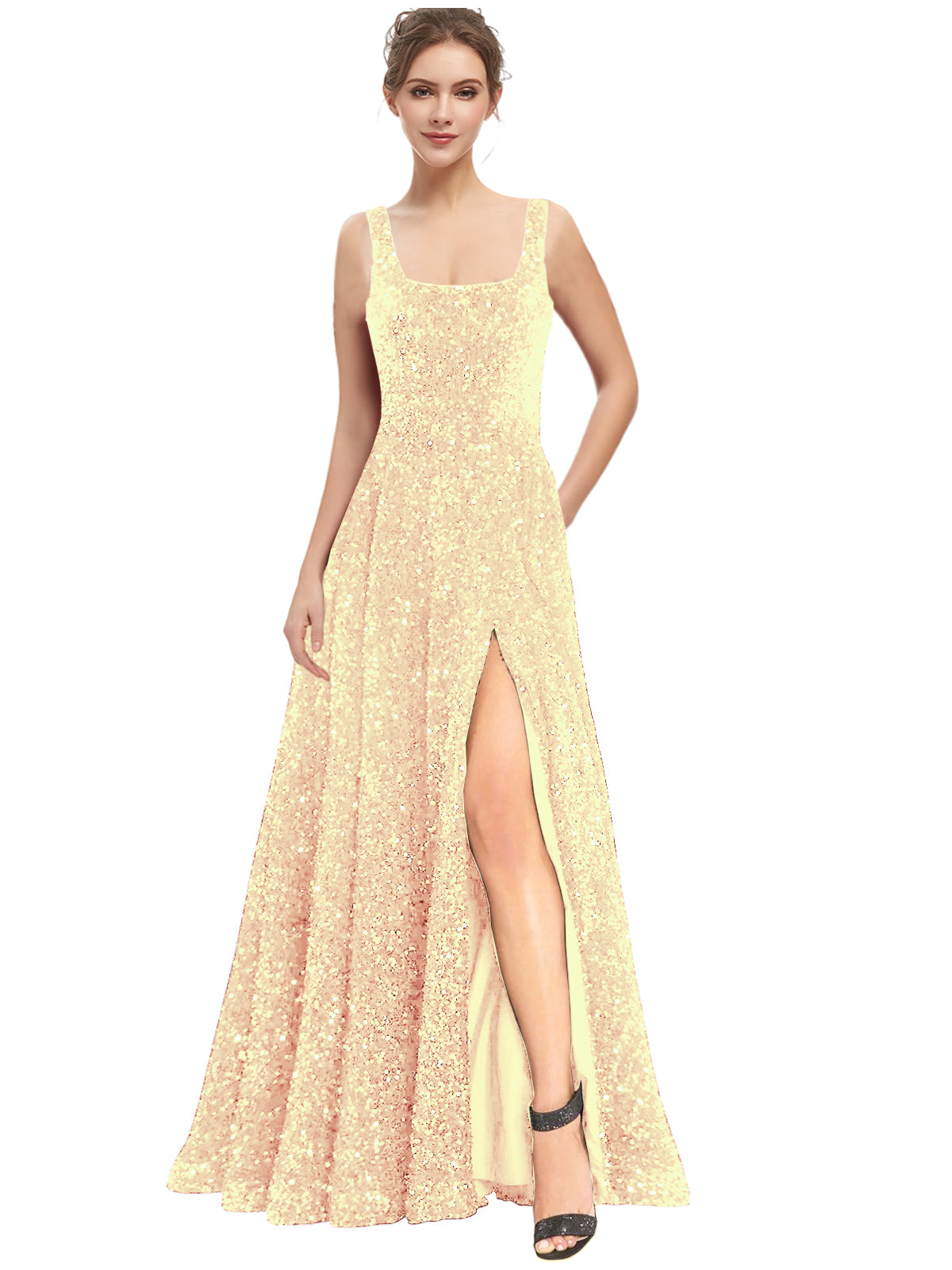 Women's Long Dress Sequin Bateau/Boat Back Strap Slit Fashion Long Sleeveless Party Dress GD101932