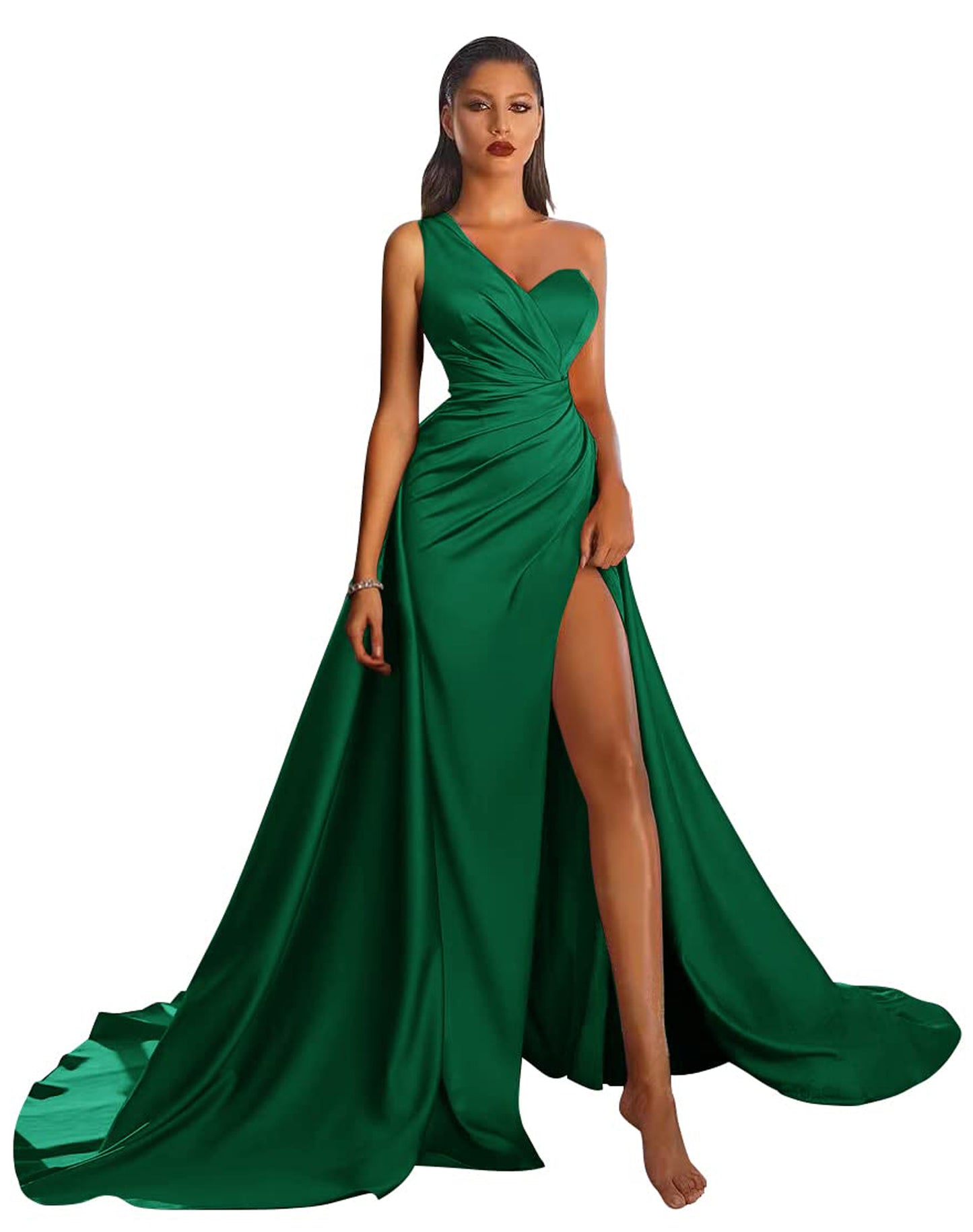 A Line Long Prom Dress One Shoulder Satin Slit Evening Ball Gown GD101506