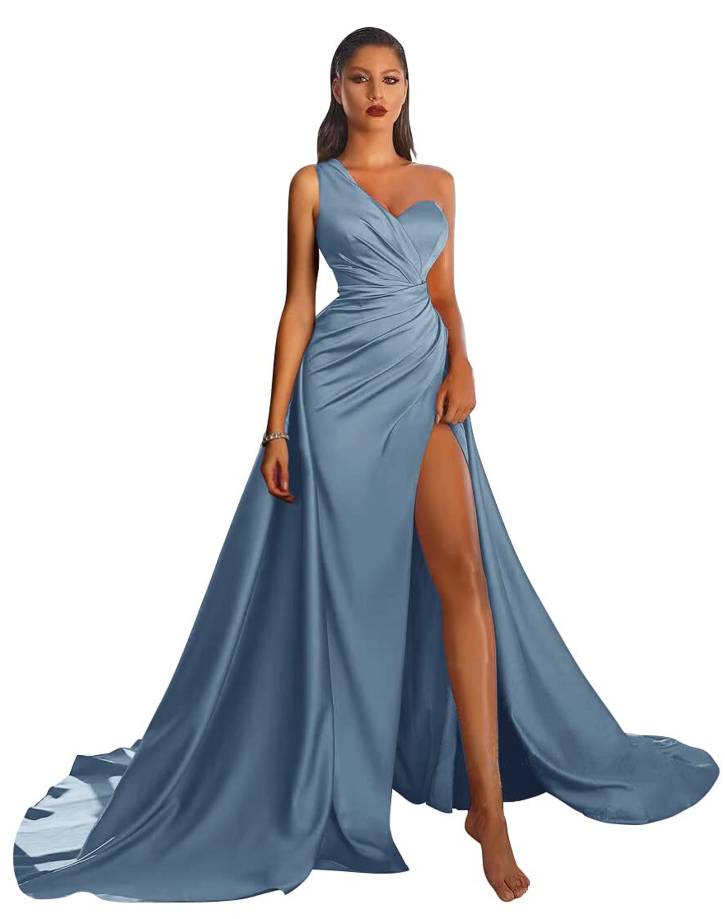 A Line Long Prom Dress One Shoulder Satin Slit Evening Ball Gown GD101506