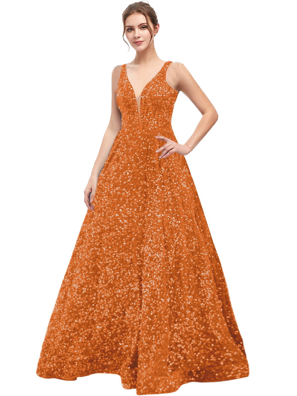 Sequin Long Prom Dress V Neck A Line Evening Ball Gown with Pockets GD300006