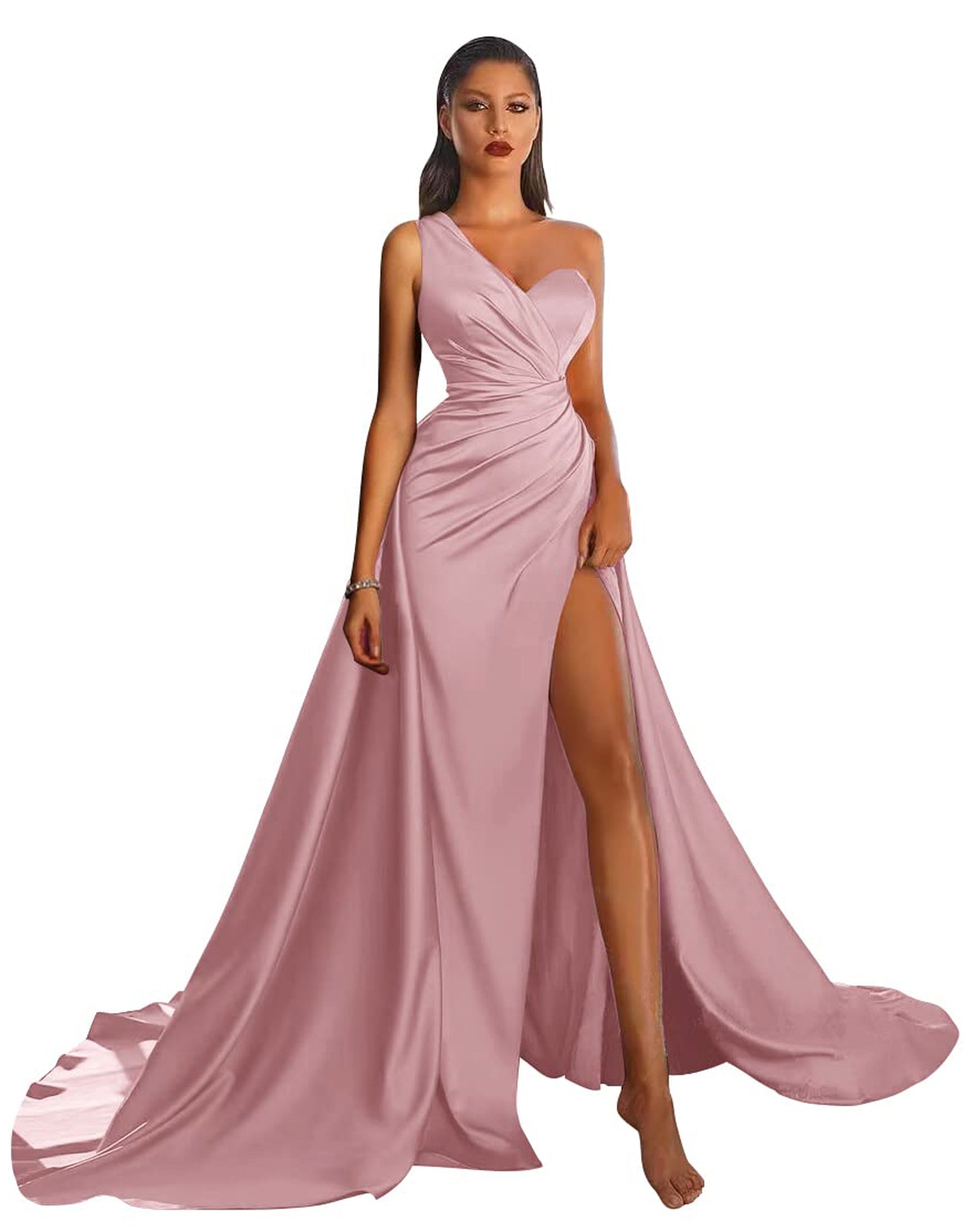 A Line Long Prom Dress One Shoulder Satin Slit Evening Ball Gown GD101506