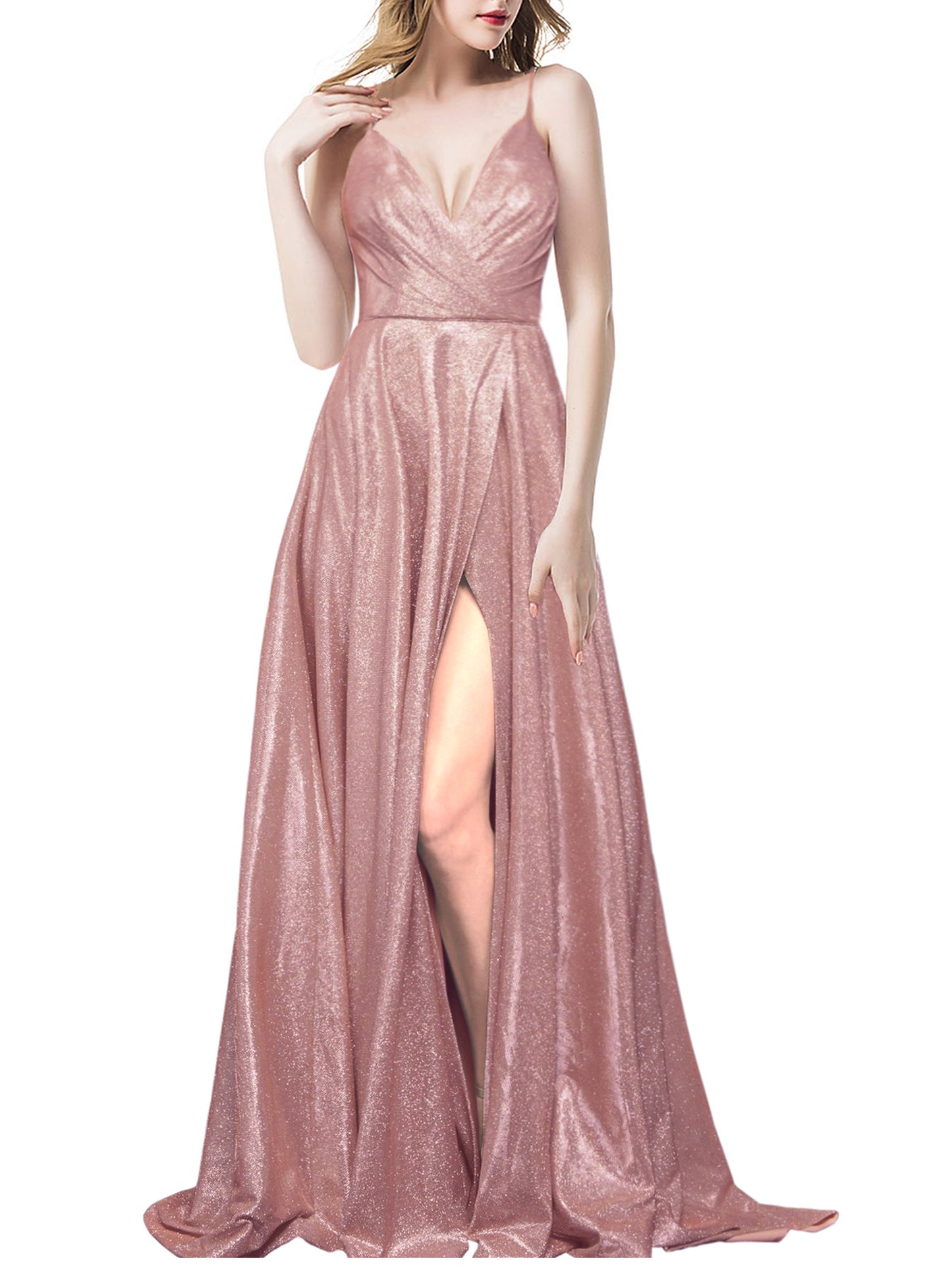 Women's Long Dress Glitter V-neck Slits Back Strap Fashion Long Sleeveless Slit Party Dress B19390