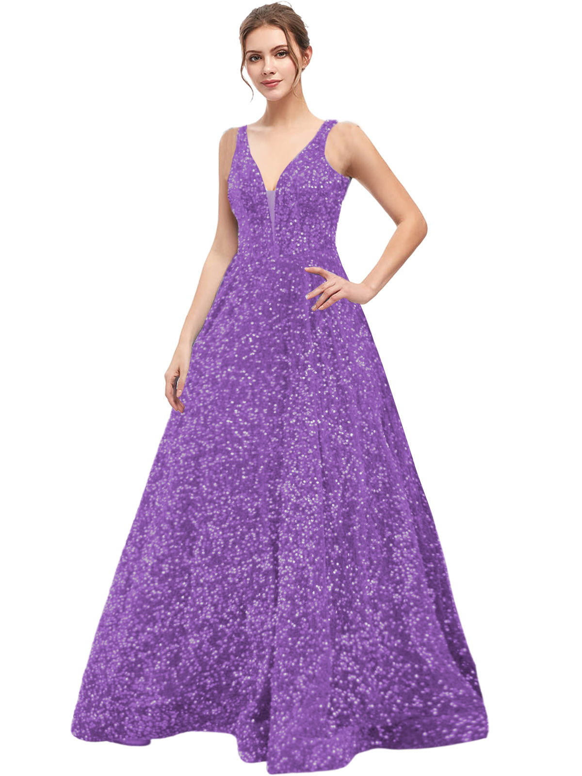 Sequin Long Prom Dress V Neck A Line Evening Ball Gown with Pockets GD300006