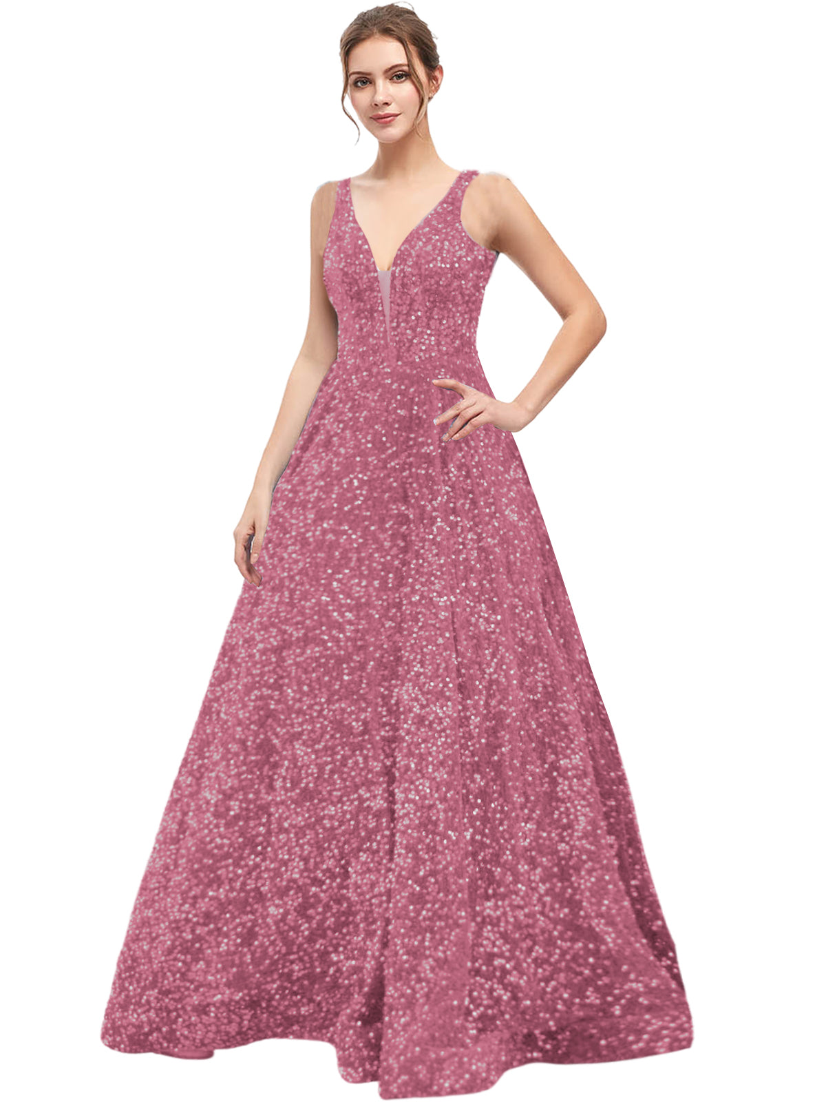 Sequin Long Prom Dress V Neck A Line Evening Ball Gown with Pockets GD300006