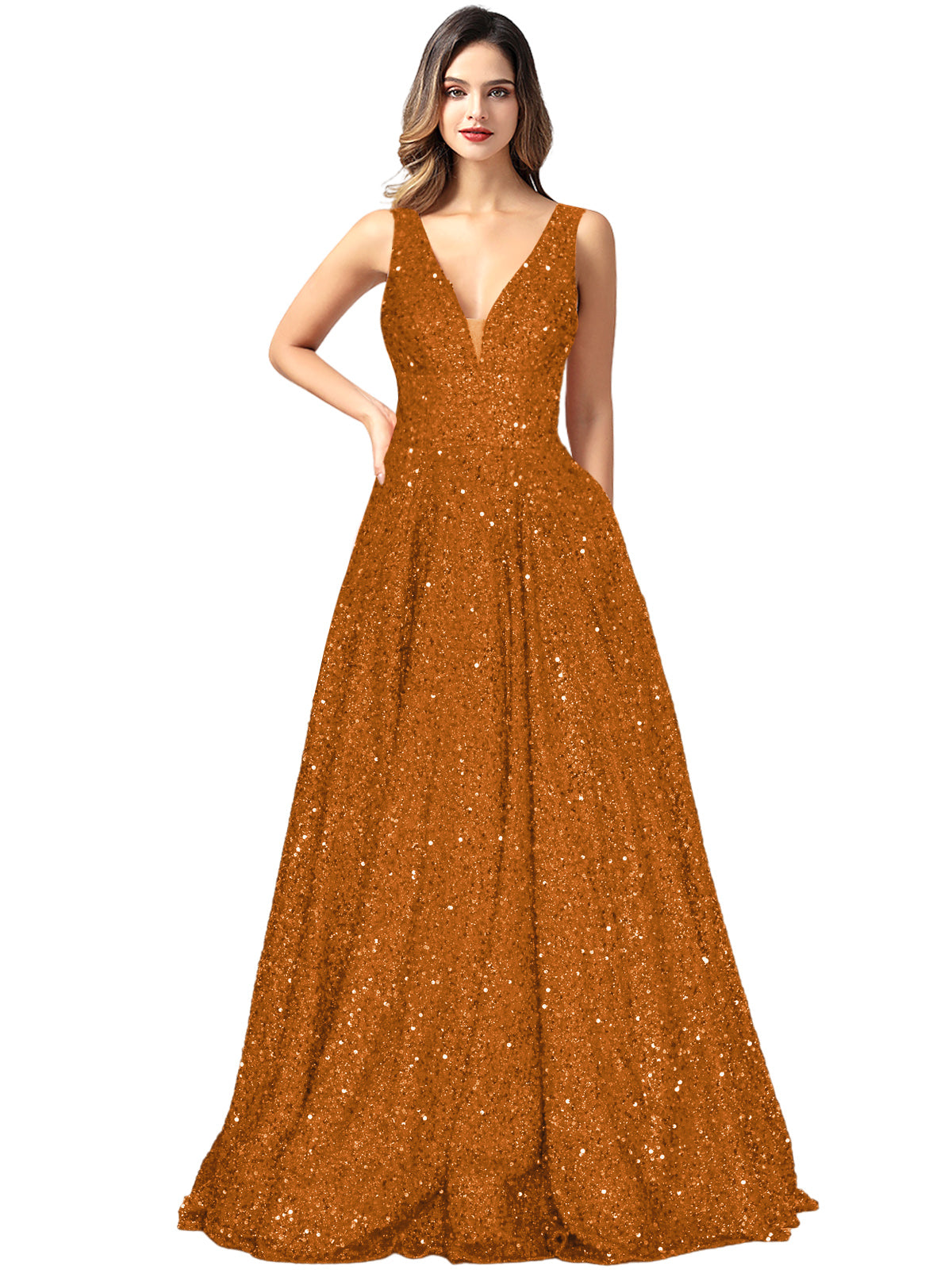 2025 Long Dress Sequin V-Neck Slit Fashion Sleeveless Pockets Party Dress GD101934
