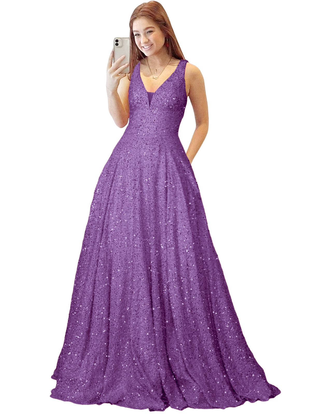 2025 Long Dress Sequin V-Neck Slit Fashion Sleeveless Pockets Party Dress GD101934