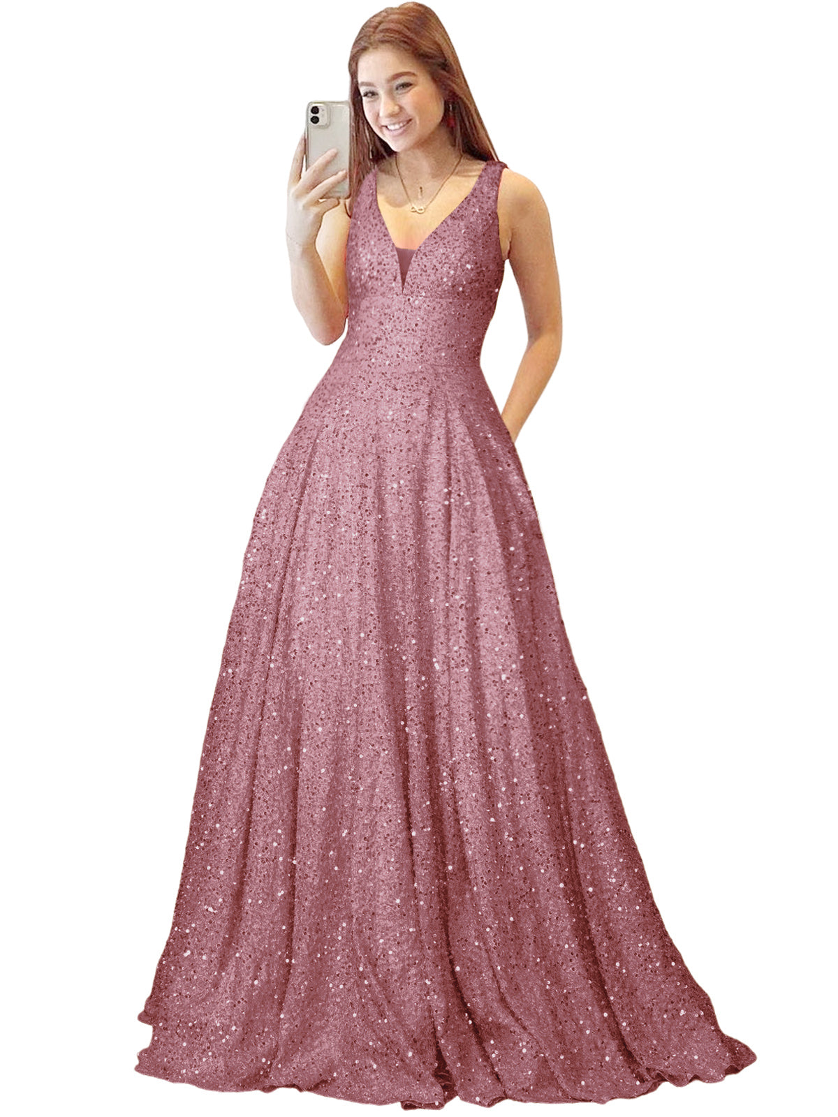 2025 Long Dress Sequin V-Neck Slit Fashion Sleeveless Pockets Party Dress GD101934