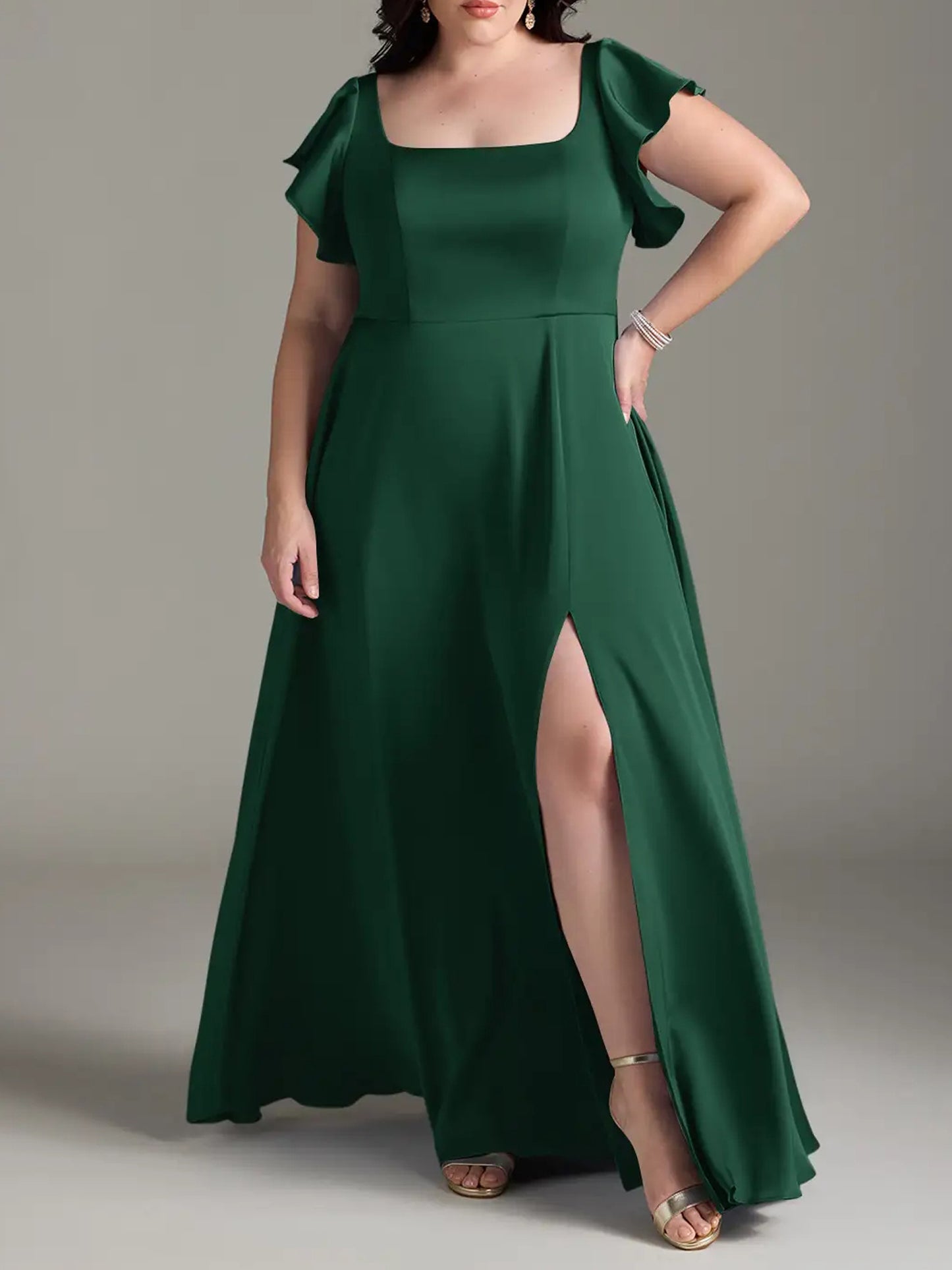 Dark Green Chiffon A-Line Square Neck Dress-F0114001