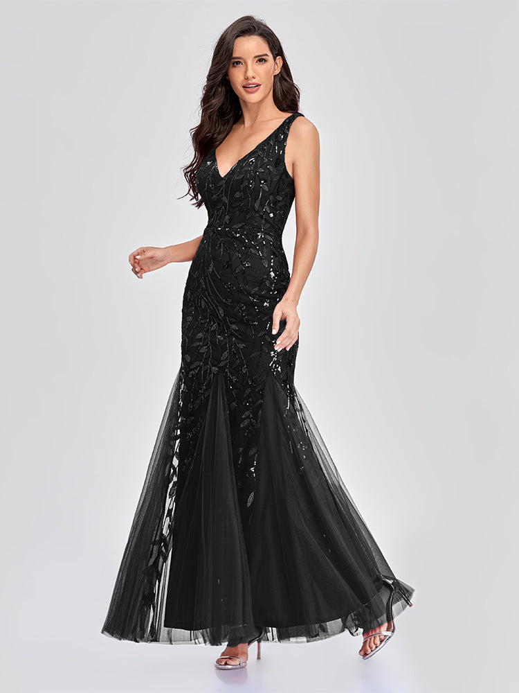 Sequin Mermaid V-Neck Sleeveless Dress-FM00035