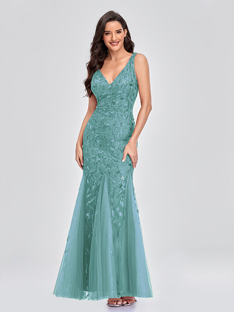 Sequin Mermaid V-Neck Sleeveless Dress-FM00035