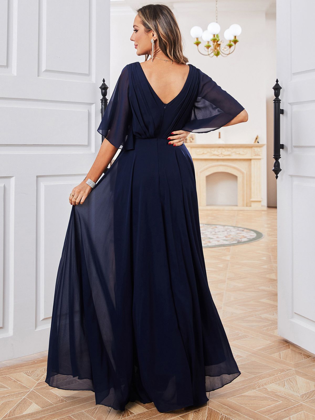 Chiffon A-Line V-Neck Half Sleeves-Dress-FM00042