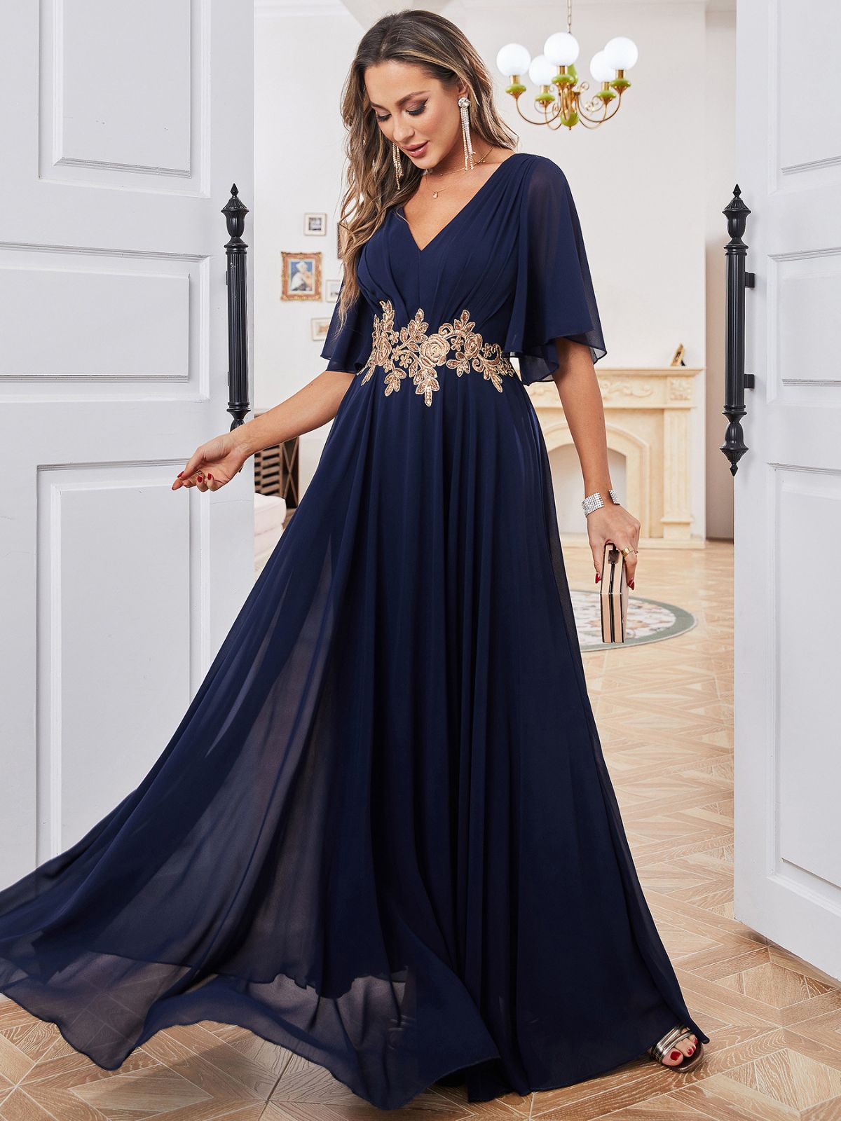 Chiffon A-Line V-Neck Half Sleeves-Dress-FM00042