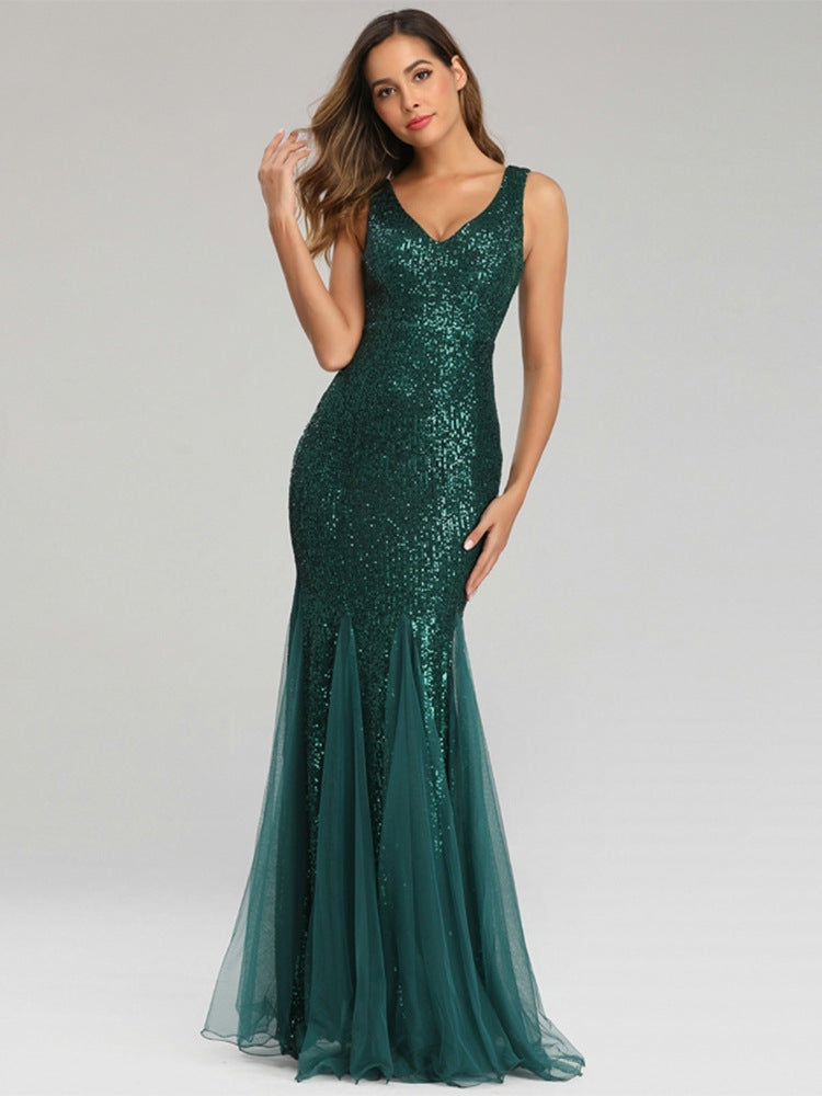 Sequin Mermaid V-Neck Sleeveless Dress-FM00043