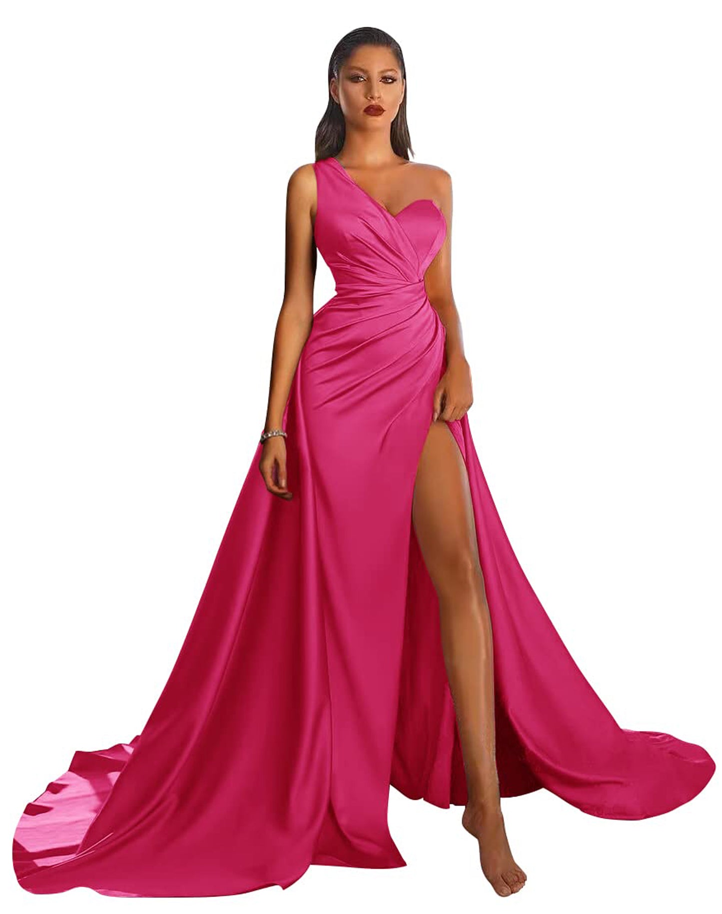 A Line Long Prom Dress One Shoulder Satin Slit Evening Ball Gown GD101506