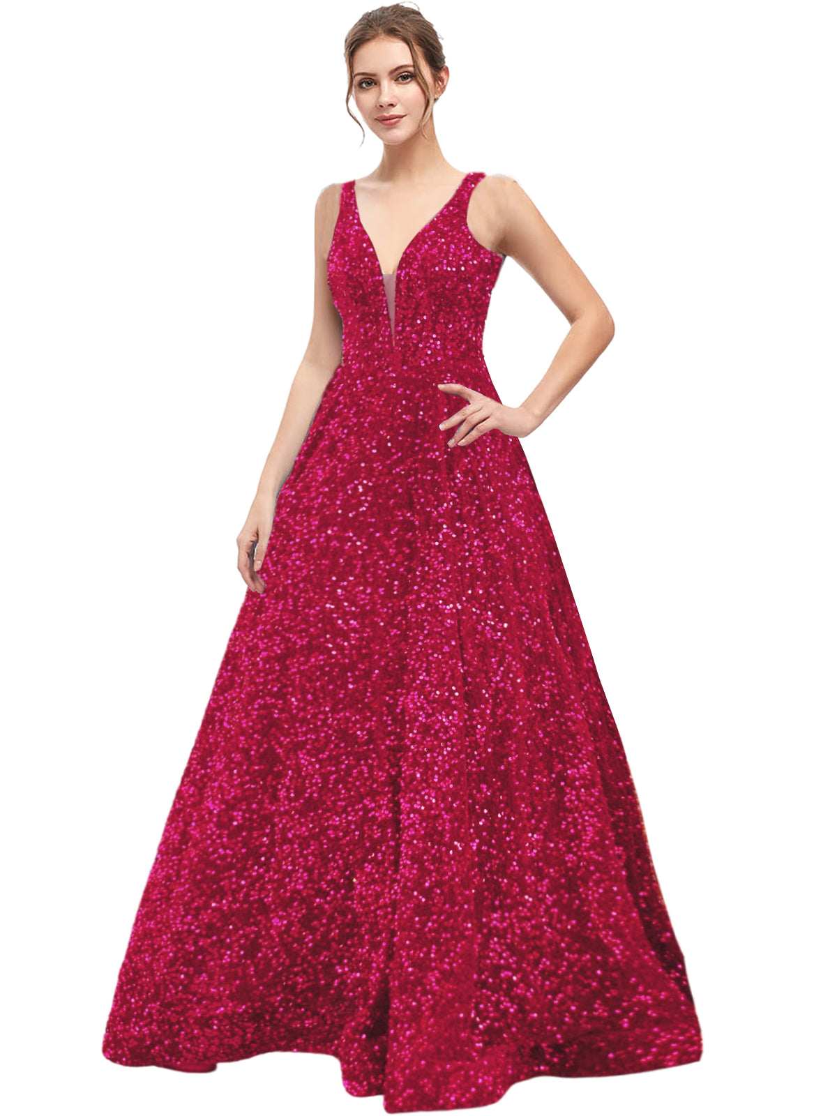 Sequin Long Prom Dress V Neck A Line Evening Ball Gown with Pockets GD300006