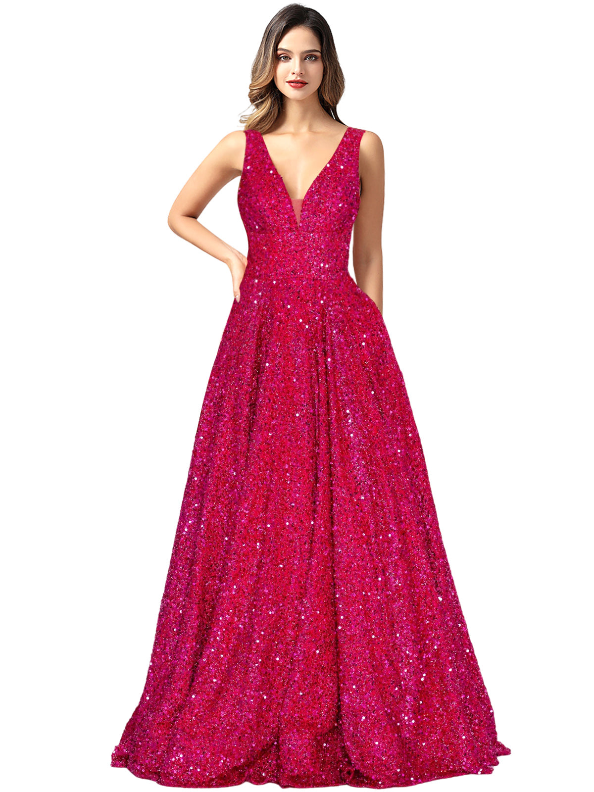 2025 Long Dress Sequin V-Neck Slit Fashion Sleeveless Pockets Party Dress GD101934