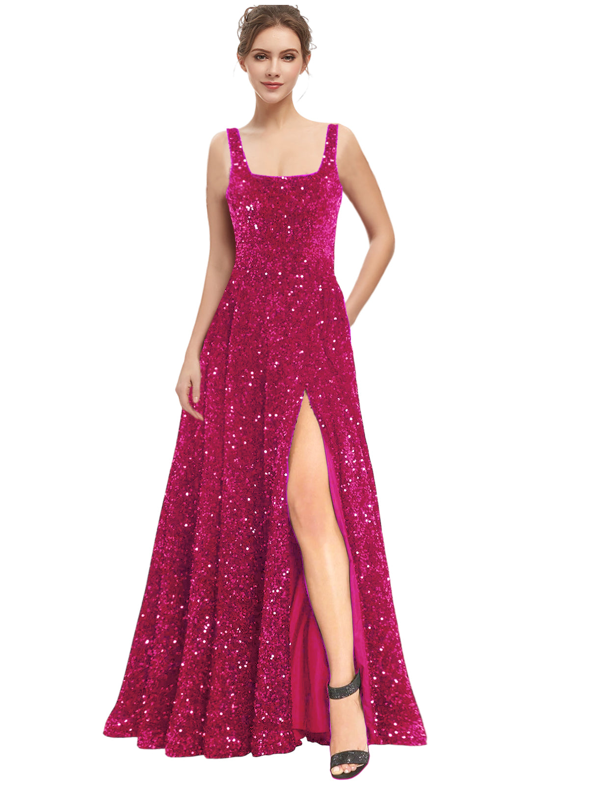 Women's Long Dress Sequin Bateau/Boat Back Strap Slit Fashion Long Sleeveless Party Dress GD101932