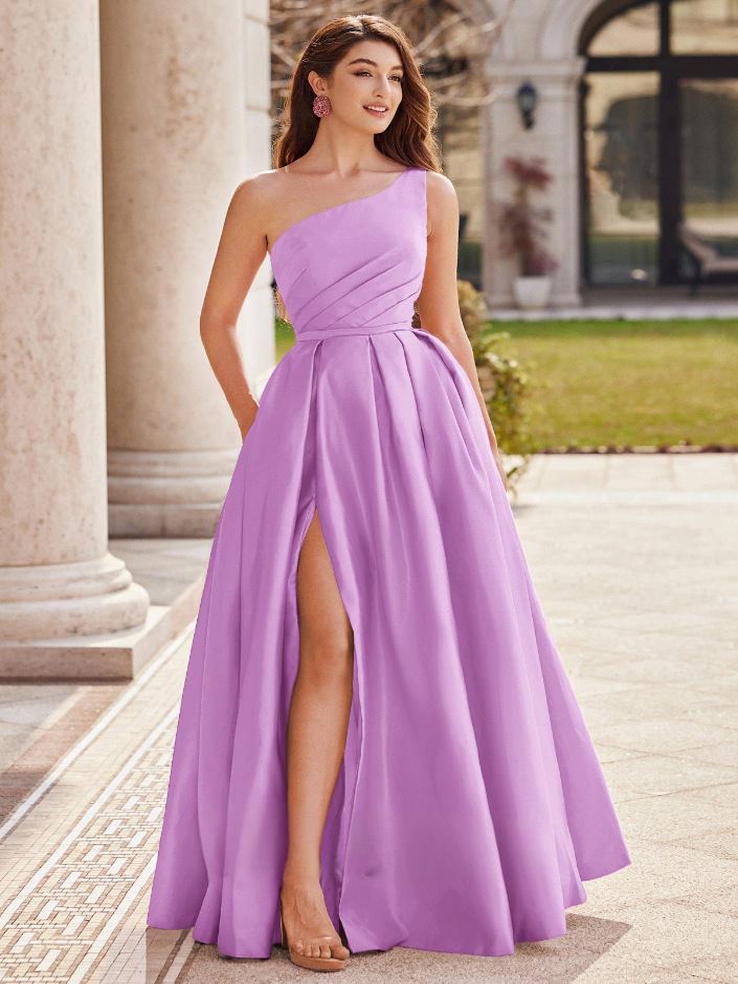 A Line Long Dress Satin One Shoulder Sleeveless Evening Ball Gown GD300106