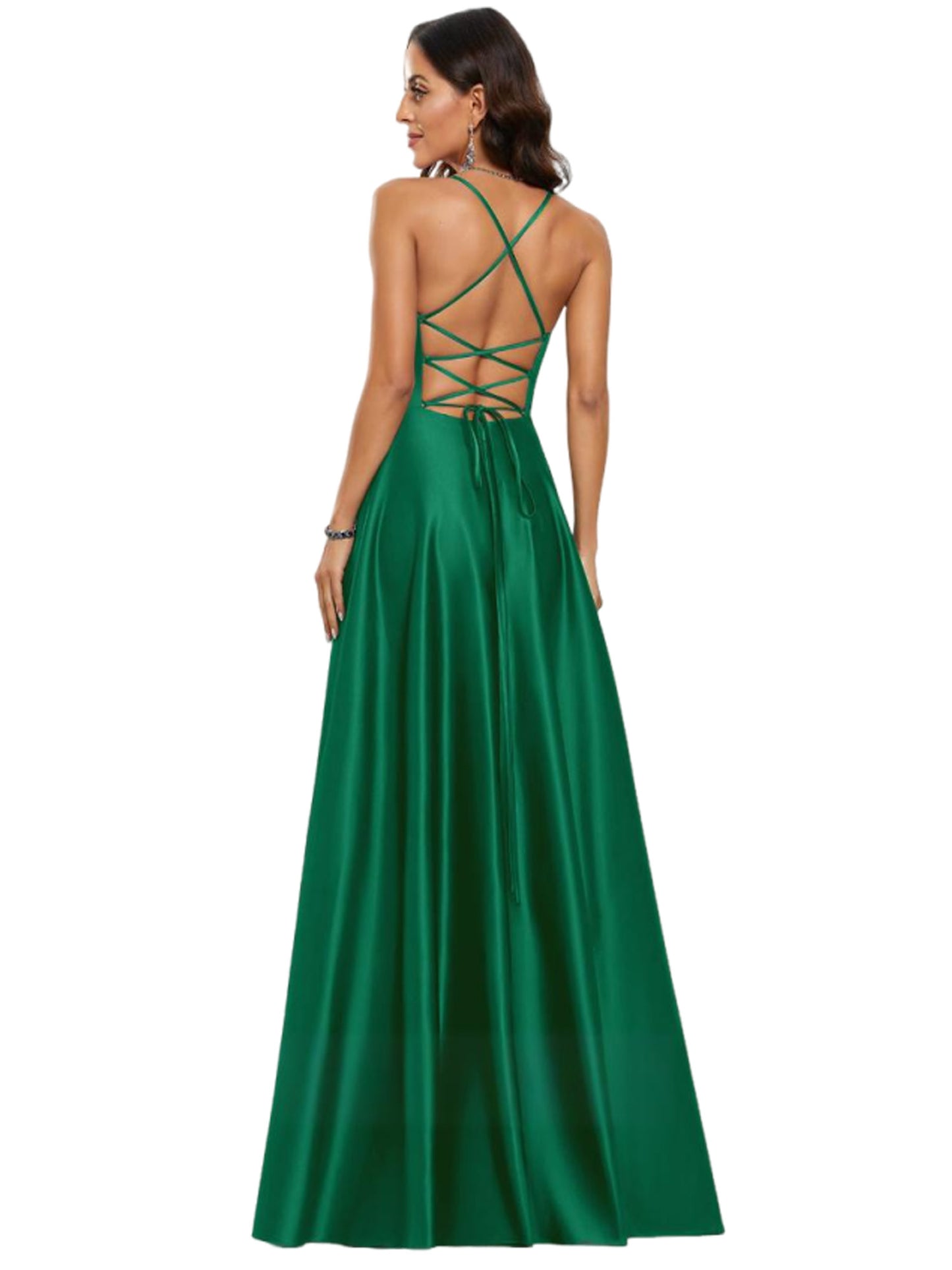 Plus Size A Line Long Prom Dress V-Neck Satin Slit Evening Ball Gown GD300108