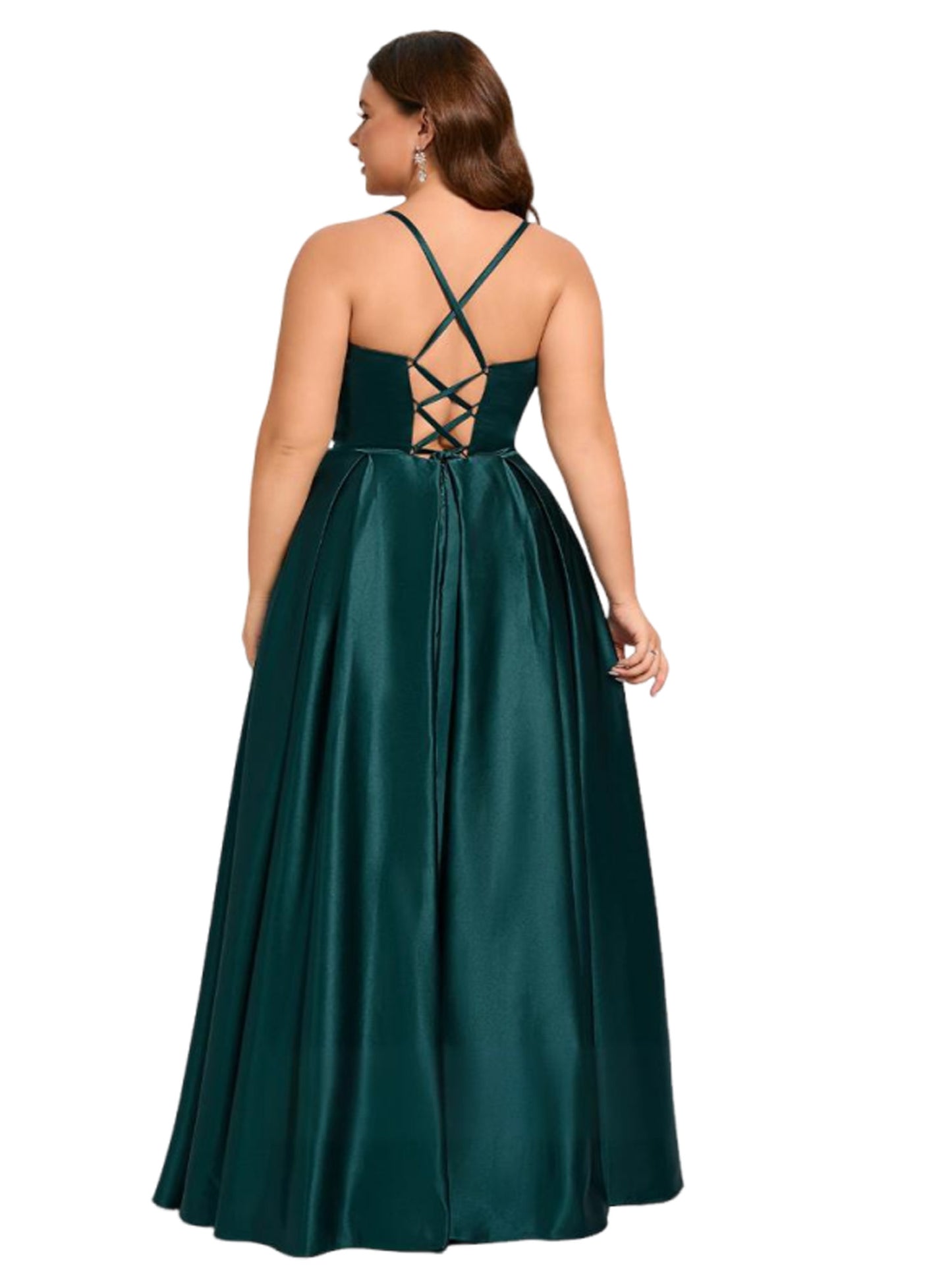 Plus Size A Line Long Prom Dress V-Neck Satin Evening Ball Gown GD300109