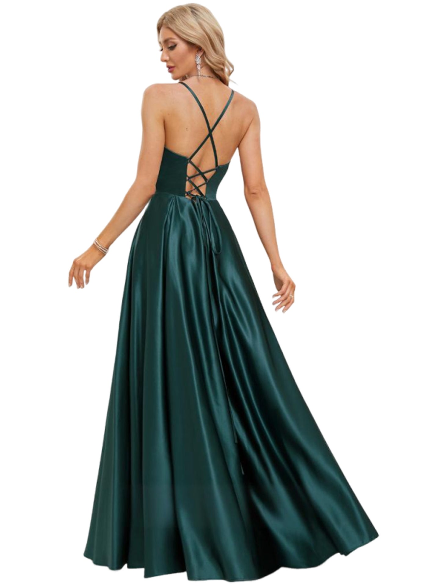 Plus Size A Line Long Prom Dress V-Neck Satin Evening Ball Gown GD300109