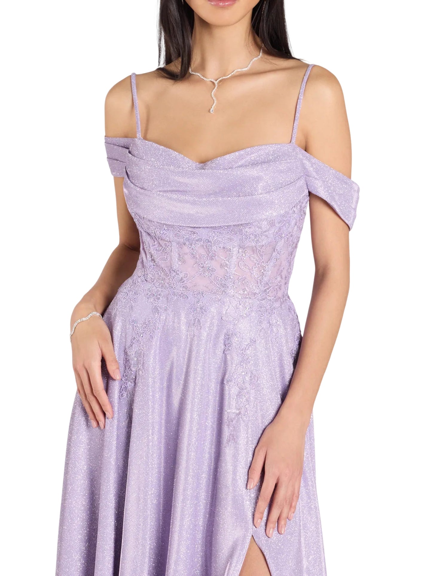 Women's Long Dress Glitter Lace Off the Shoulder Slit Evening Ball Gown with GD300117