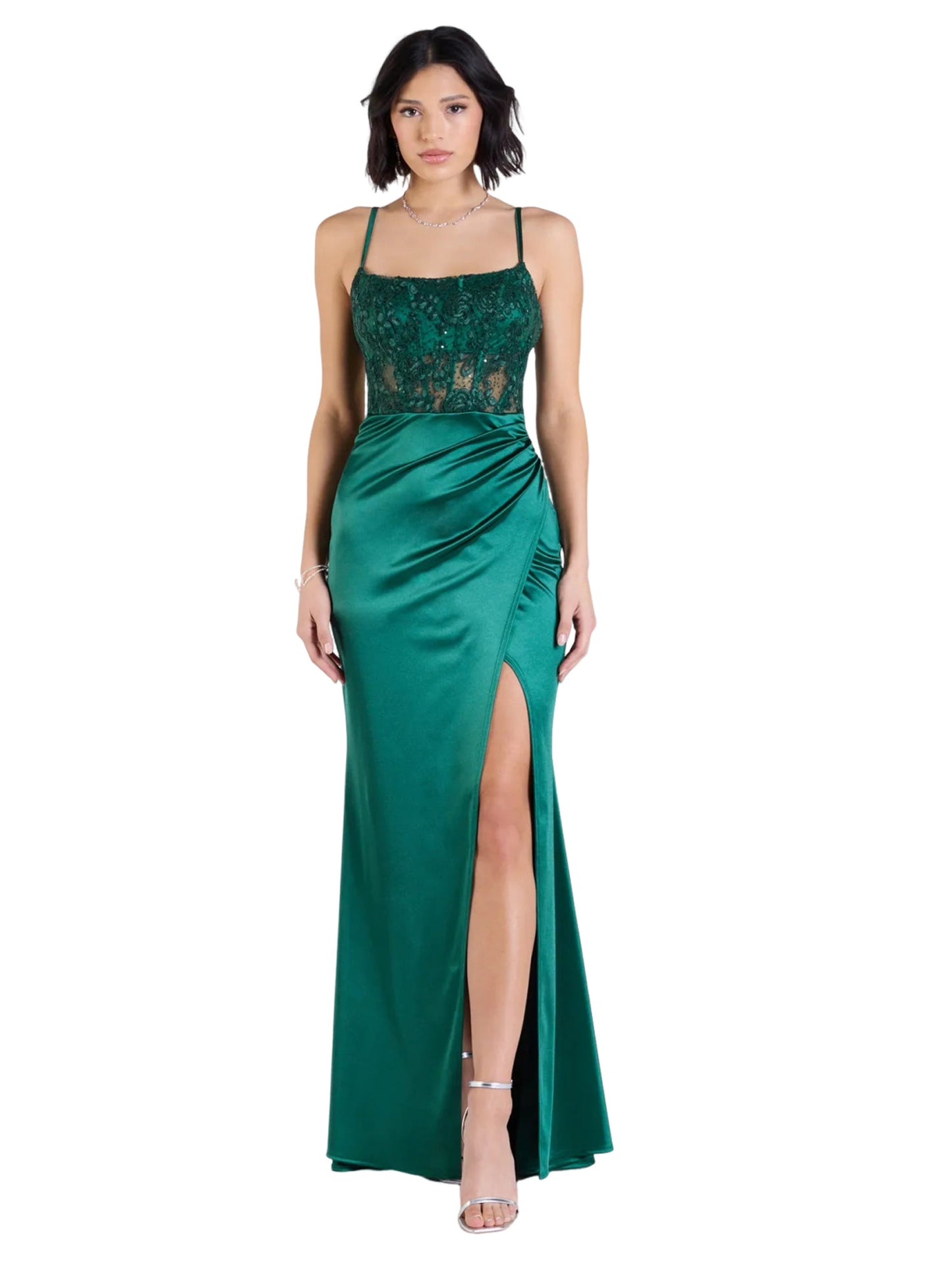 Satin Lace Long Dress Bateau/Boat Slit Evening Ball Gown with GD300118