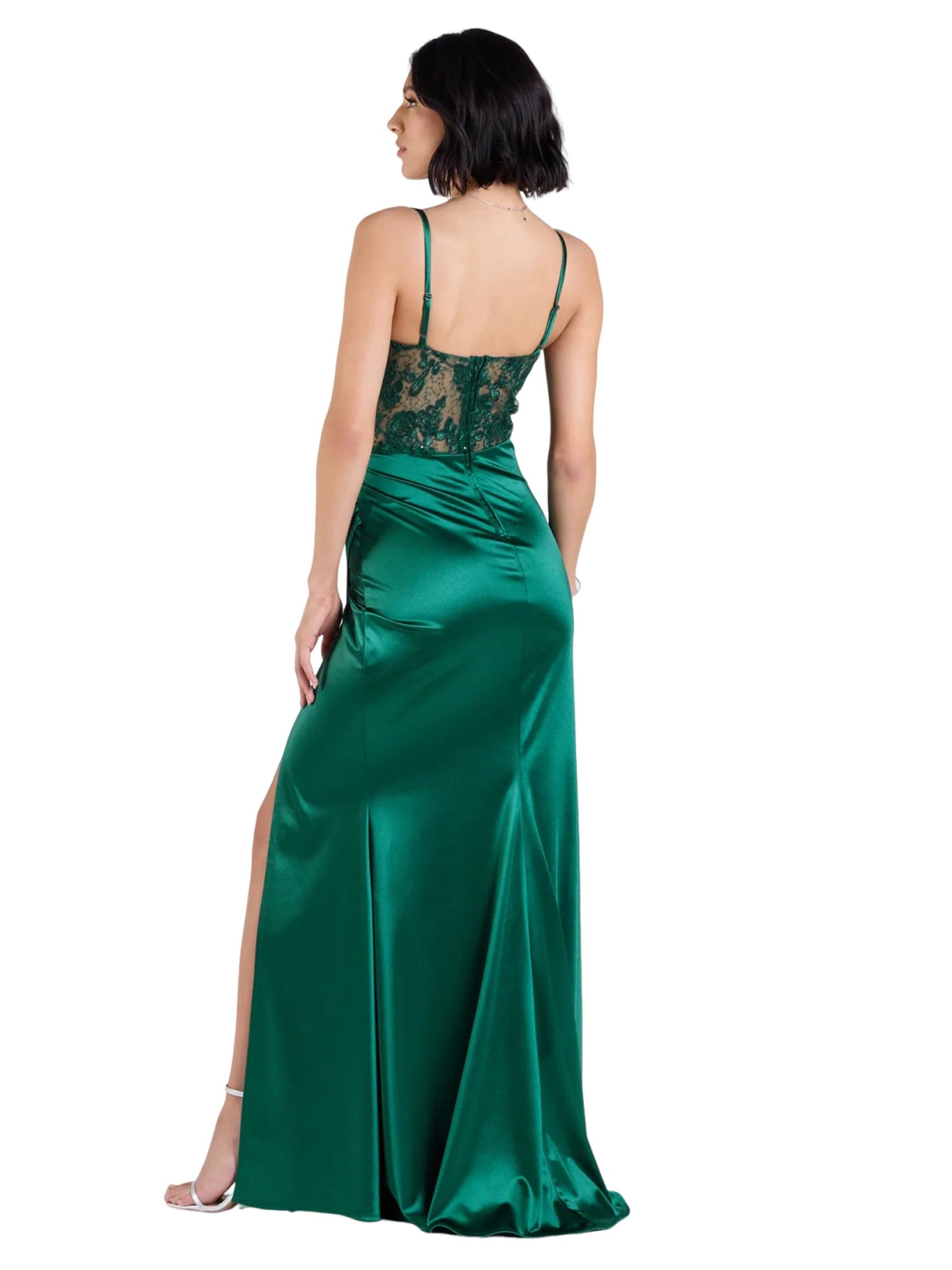 Satin Lace Long Dress Bateau/Boat Slit Evening Ball Gown with GD300118