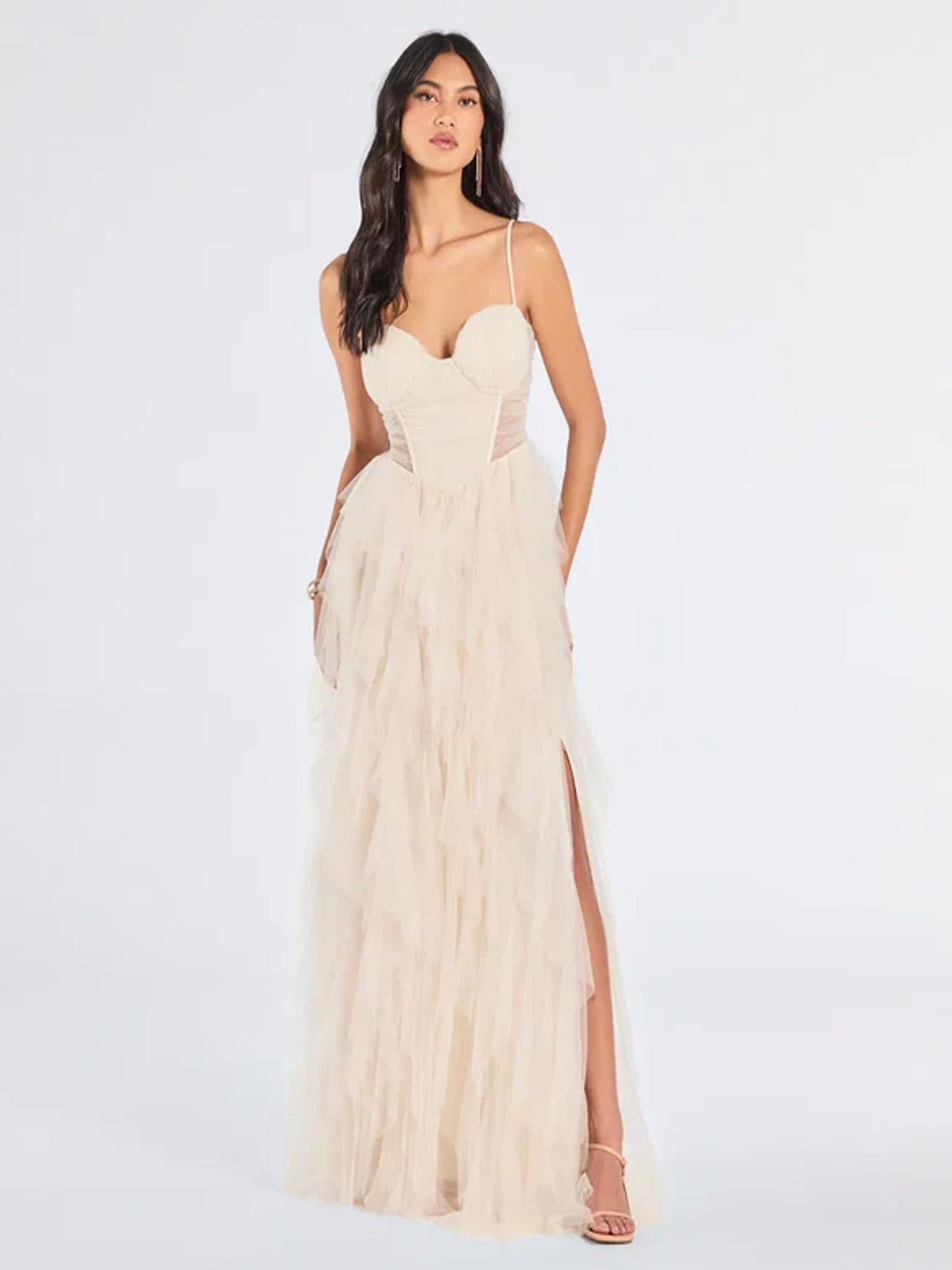 Tulle A Line Long Prom Dress Spaghetti Straps Ball Gown GD300112