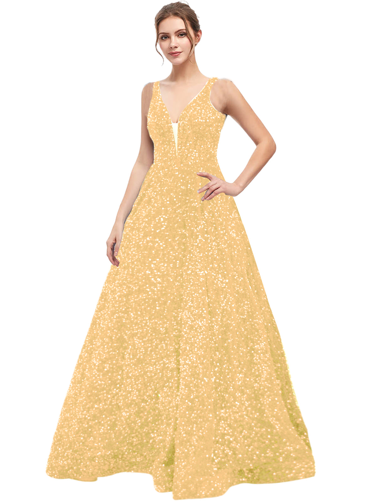 Sequin Long Prom Dress V Neck A Line Evening Ball Gown with Pockets GD300006